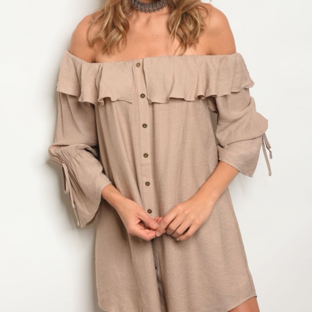 LAST 1! OFF SHOULDER/ BELL SLEEVE TAN SHIRT  DRESS - Picture 2 of 5